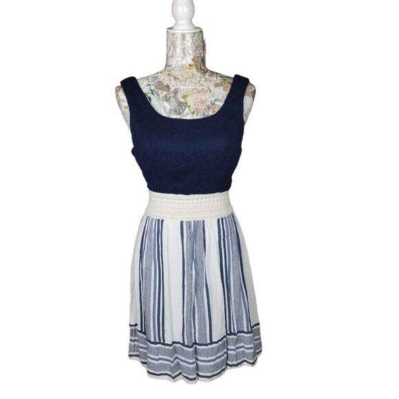 Blue Lace Tank Top Crochet Waist Cotton Blue Striped Tank Sundress Dress - Picture 9 of 9
